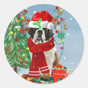 Saint Bernard Dog in Snow Christmas Classic Round Sticker