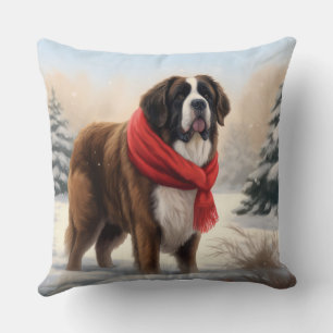 Saint Bernard Dog in Snow Christmas  Cushion