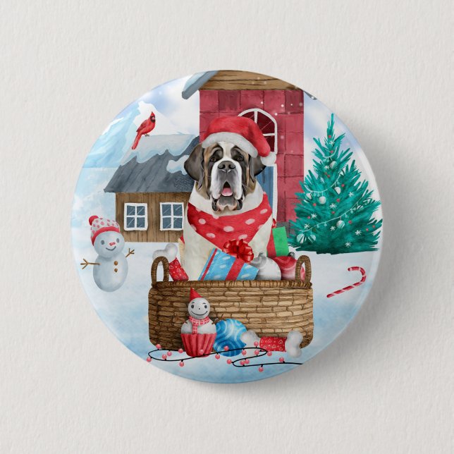 Saint Bernard Dog In snow Christmas Dog House 6 Cm Round Badge (Front)