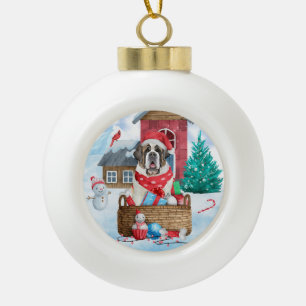Saint Bernard Dog In snow Christmas Dog House  Ceramic Ball Christmas Ornament