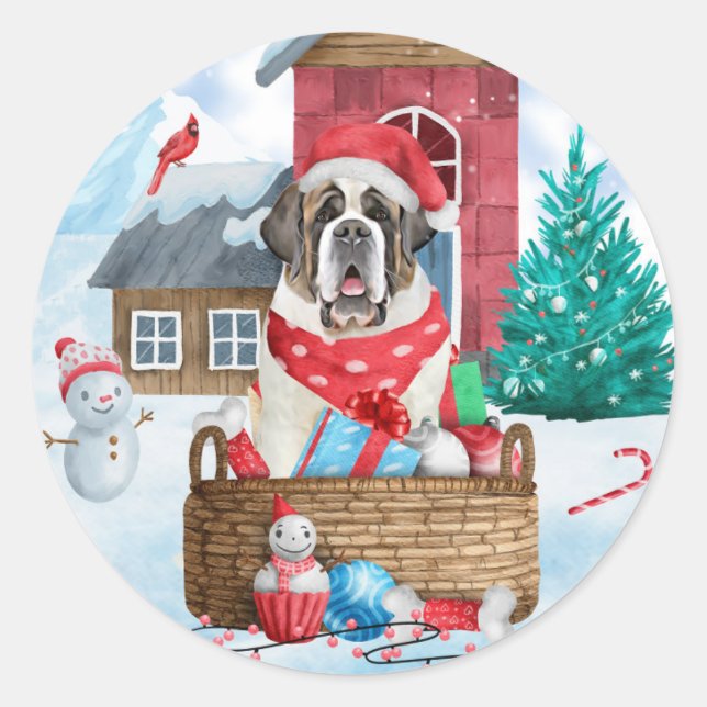 Saint Bernard Dog In snow Christmas Dog House Classic Round Sticker (Front)
