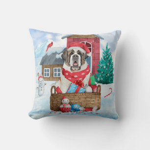 Saint Bernard Dog In snow Christmas Dog House Cushion