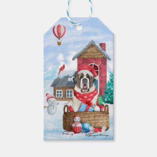 Saint Bernard Dog In snow Christmas Dog House  Gift Tags