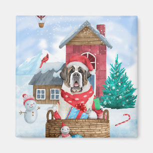 Saint Bernard Dog In snow Christmas Dog House Magnet