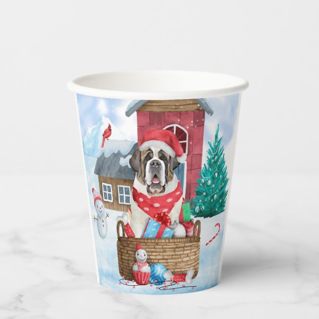 Saint Bernard Dog In snow Christmas Dog House Paper Cups (Front)