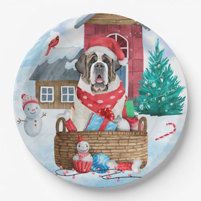 Saint Bernard Dog In snow Christmas Dog House Paper Plate (Front)