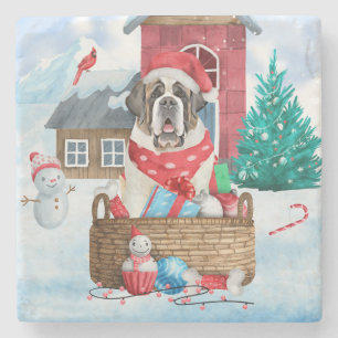 Saint Bernard Dog In snow Christmas Dog House  Stone Coaster