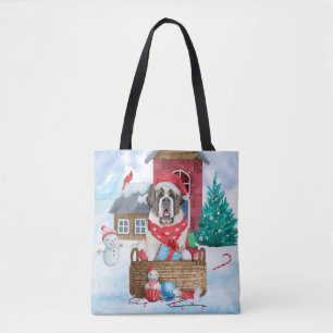 Saint Bernard Dog In snow Christmas Dog House Tote Bag