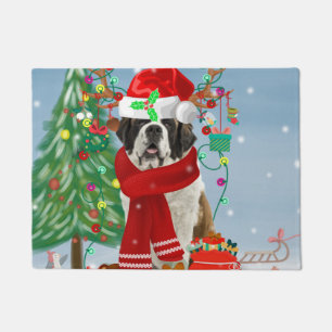 Saint Bernard  Dog in Snow Christmas Doormat