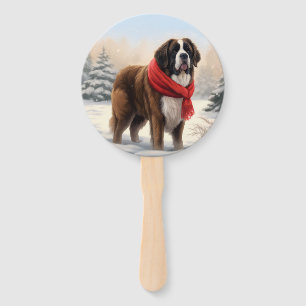 Saint Bernard Dog in Snow Christmas  Hand Fan