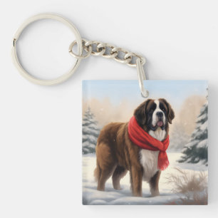 Saint Bernard Dog in Snow Christmas  Key Ring