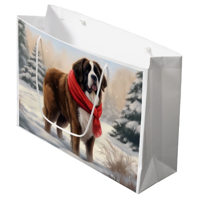 Saint Bernard Dog in Snow Christmas  Large Gift Bag (Front Angled)
