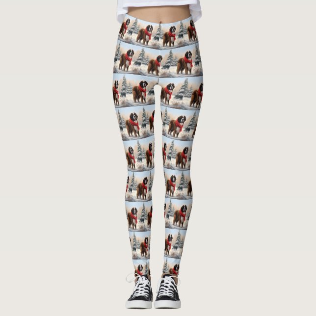 Saint Bernard Dog in Snow Christmas  Leggings (Front)