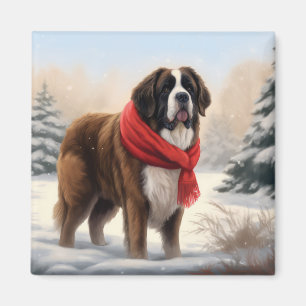 Saint Bernard Dog in Snow Christmas  Magnet