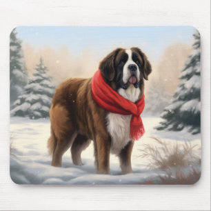 Saint Bernard Dog in Snow Christmas  Mouse Mat
