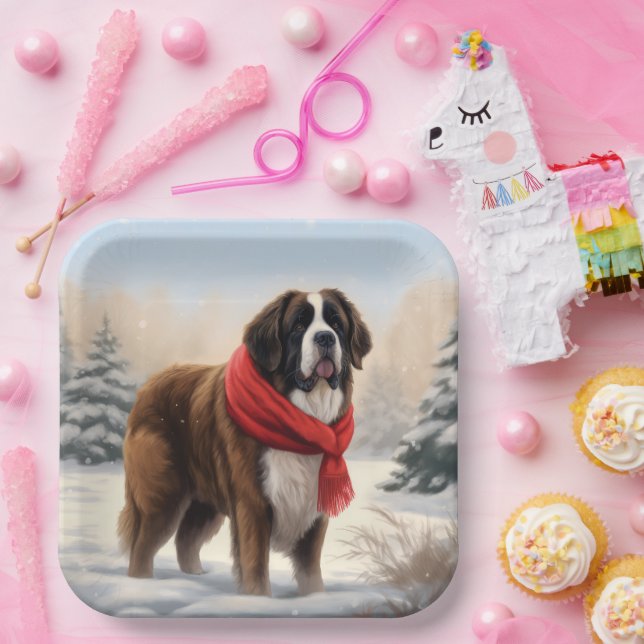 Saint Bernard Dog in Snow Christmas  Paper Plate (Party)