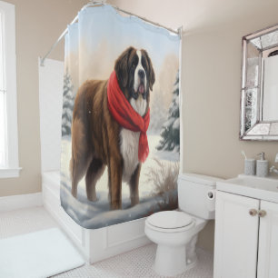 Saint Bernard Dog in Snow Christmas  Shower Curtain