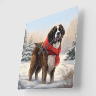 Saint Bernard Dog in Snow Christmas  Square Wall Clock