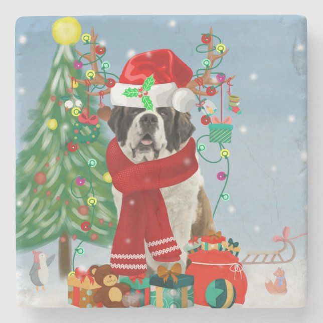 Saint Bernard  Dog in Snow Christmas Stone Coaster (Front)