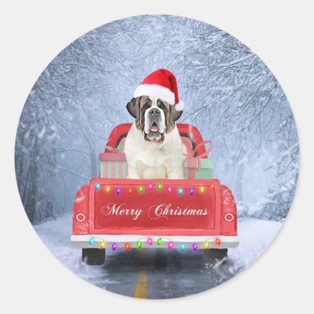 Saint Bernard Dog in Snow sitting Christmas Truck  Classic Round Sticker (Front)