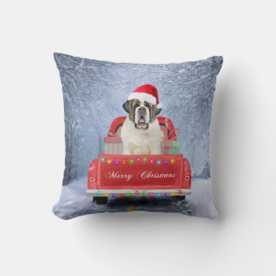 Saint Bernard Dog in Snow sitting Christmas Truck Cushion