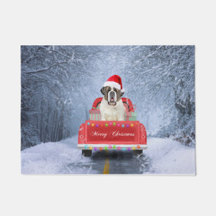 Saint Bernard Dog in Snow sitting Christmas Truck  Doormat
