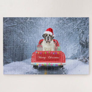 Saint Bernard Dog in Snow sitting Christmas Truck Jigsaw Puzzle