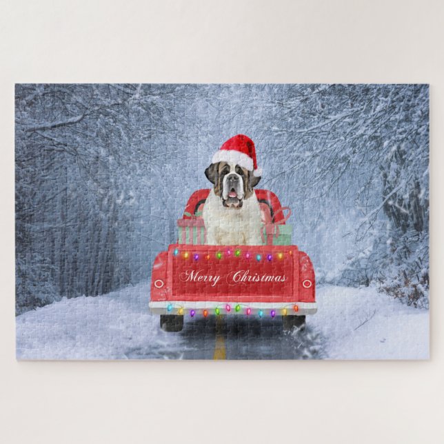 Saint Bernard Dog in Snow sitting Christmas Truck  Jigsaw Puzzle (Horizontal)
