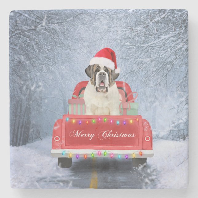 Saint Bernard Dog in Snow sitting Christmas Truck  Stone Coaster (Front)
