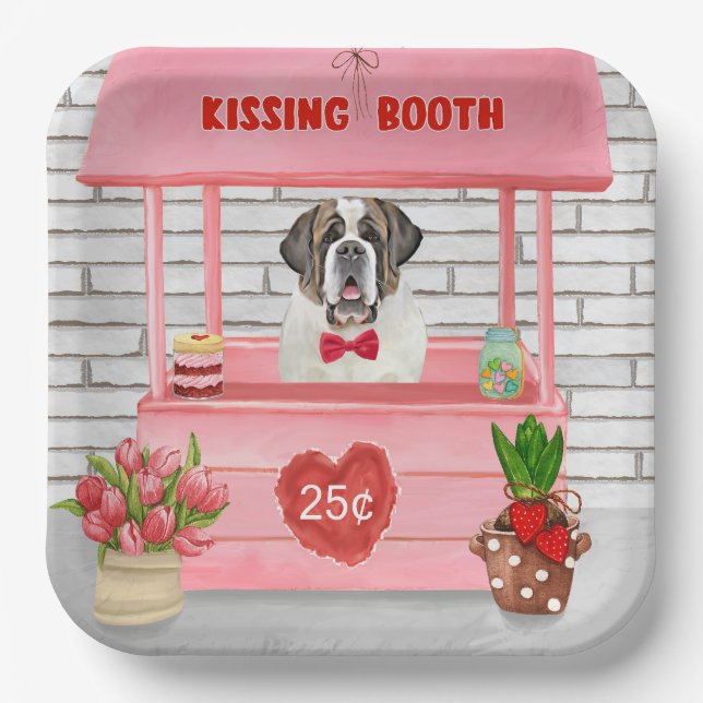 Saint Bernard Dog Valentine's Day Kissing Booth Paper Plate (Front)