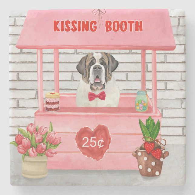 Saint Bernard Dog Valentine's Day Kissing Booth Stone Coaster (Front)