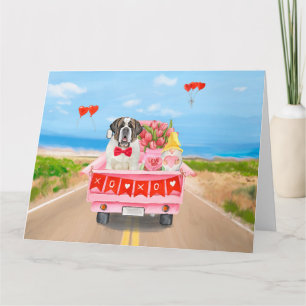 Saint Bernard Dog Valentine's Day Truck Hearts Card
