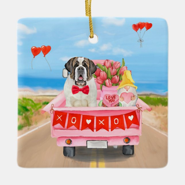 Saint Bernard Dog Valentine's Day Truck Hearts Ceramic Ornament (Front)