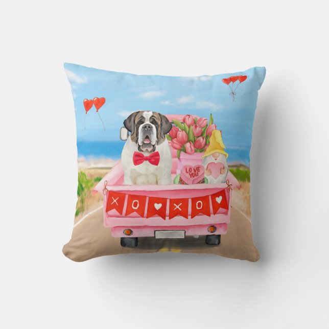 Saint Bernard Dog Valentine's Day Truck Hearts  Cushion (Front)