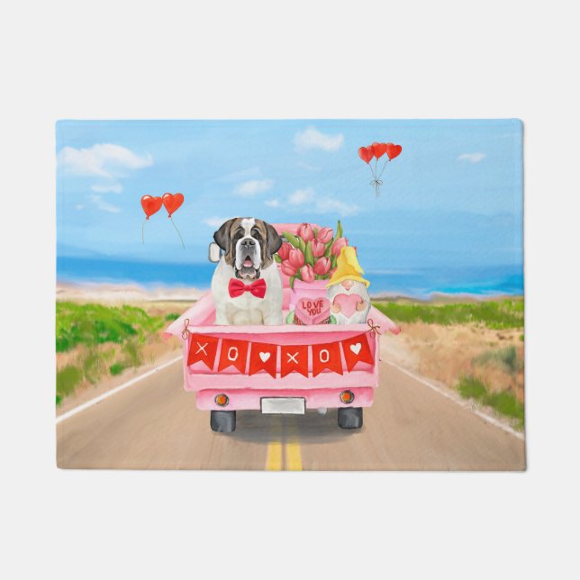 Saint Bernard Dog Valentine's Day Truck Hearts Doormat (Front)