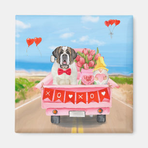 Saint Bernard Dog Valentine's Day Truck Hearts Magnet