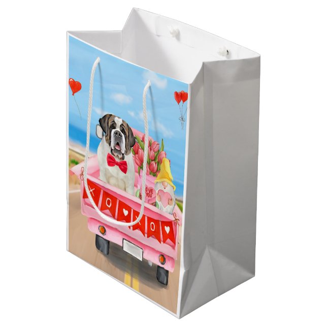 Saint Bernard Dog Valentine's Day Truck Hearts Medium Gift Bag (Front Angled)