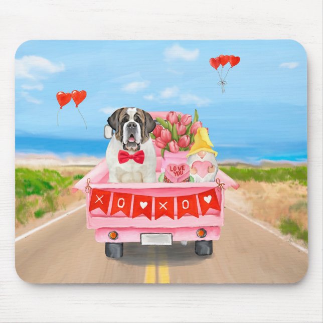 Saint Bernard Dog Valentine's Day Truck Hearts Mouse Mat (Front)
