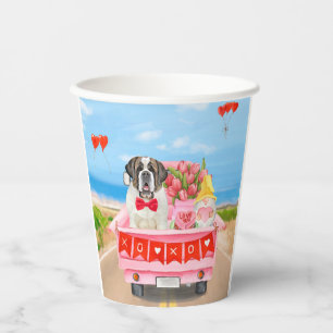 Saint Bernard Dog Valentine's Day Truck Hearts Paper Cups