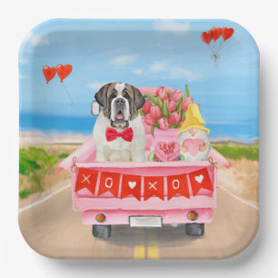 Saint Bernard Dog Valentine's Day Truck Hearts Paper Plate