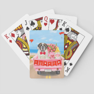 Saint Bernard Dog Valentine's Day Truck Hearts Playing Cards