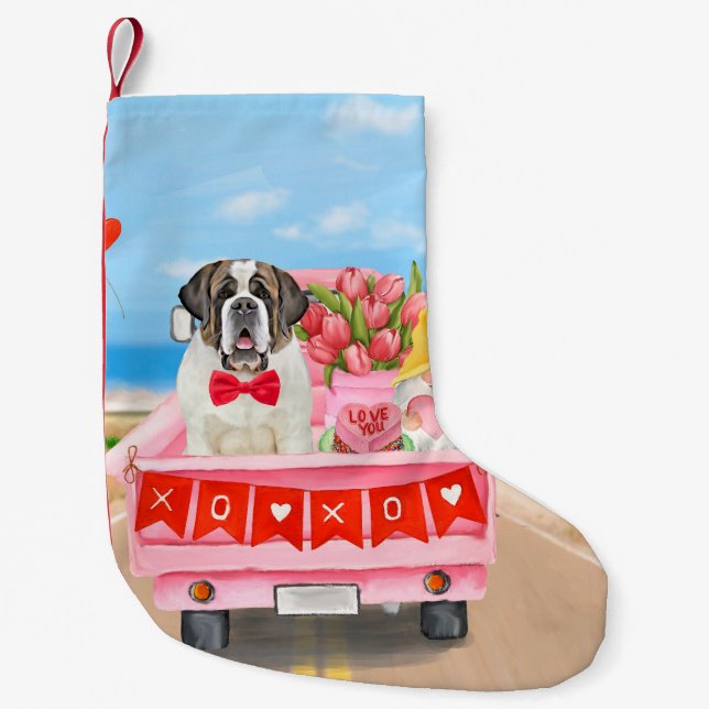 Saint Bernard Dog Valentine's Day Truck Hearts Small Christmas Stocking (Front)