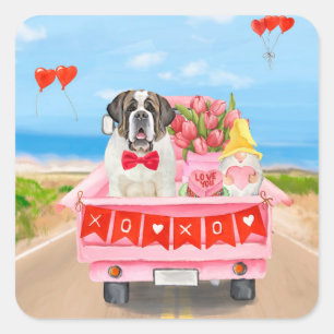 Saint Bernard Dog Valentine's Day Truck Hearts Square Sticker