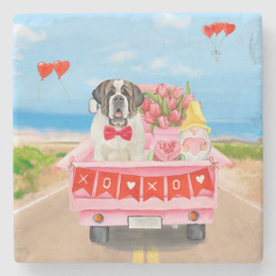 Saint Bernard Dog Valentine's Day Truck Hearts Stone Coaster
