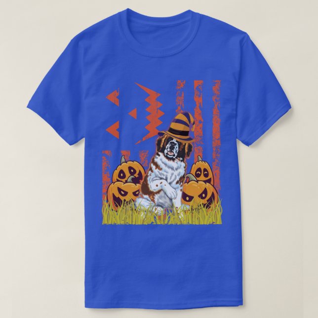 Saint Bernard Dog Witch Dancing Around Pumpkins In T-Shirt (Design Front)