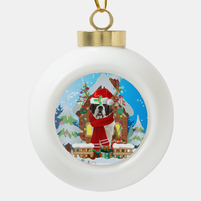 Saint Bernard dog with Christmas gifts Ceramic Ball Christmas Ornament (Front)
