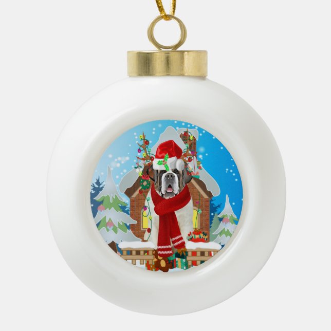 Saint Bernard dog with Christmas gifts Ceramic Ball Christmas Ornament (Front)