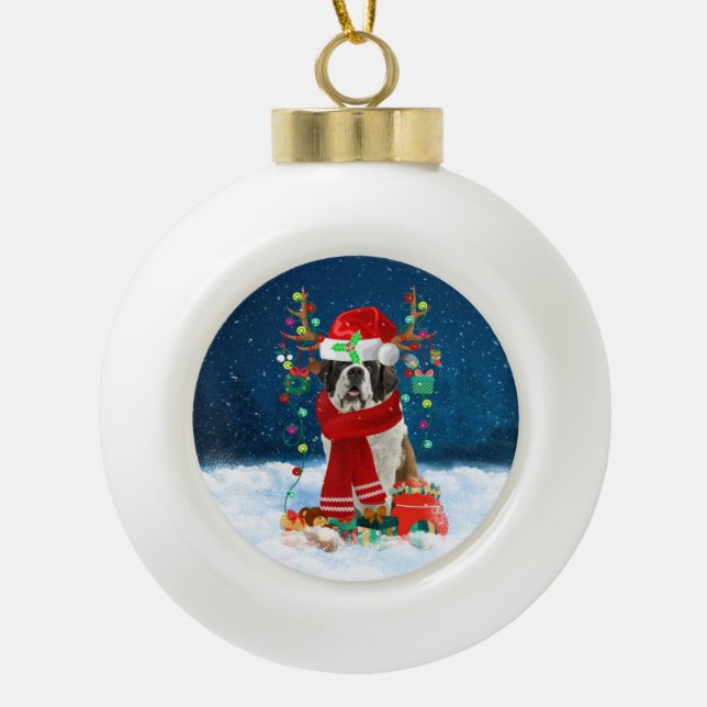 Saint Bernard dog with Christmas gifts Ceramic Ball Christmas Ornament (Front)