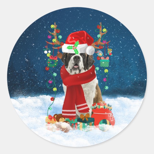 Saint Bernard dog with Christmas gifts  Classic Round Sticker (Front)