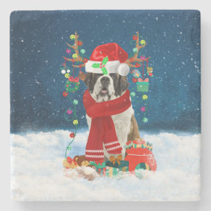 Saint Bernard dog with Christmas gifts  Stone Coaster